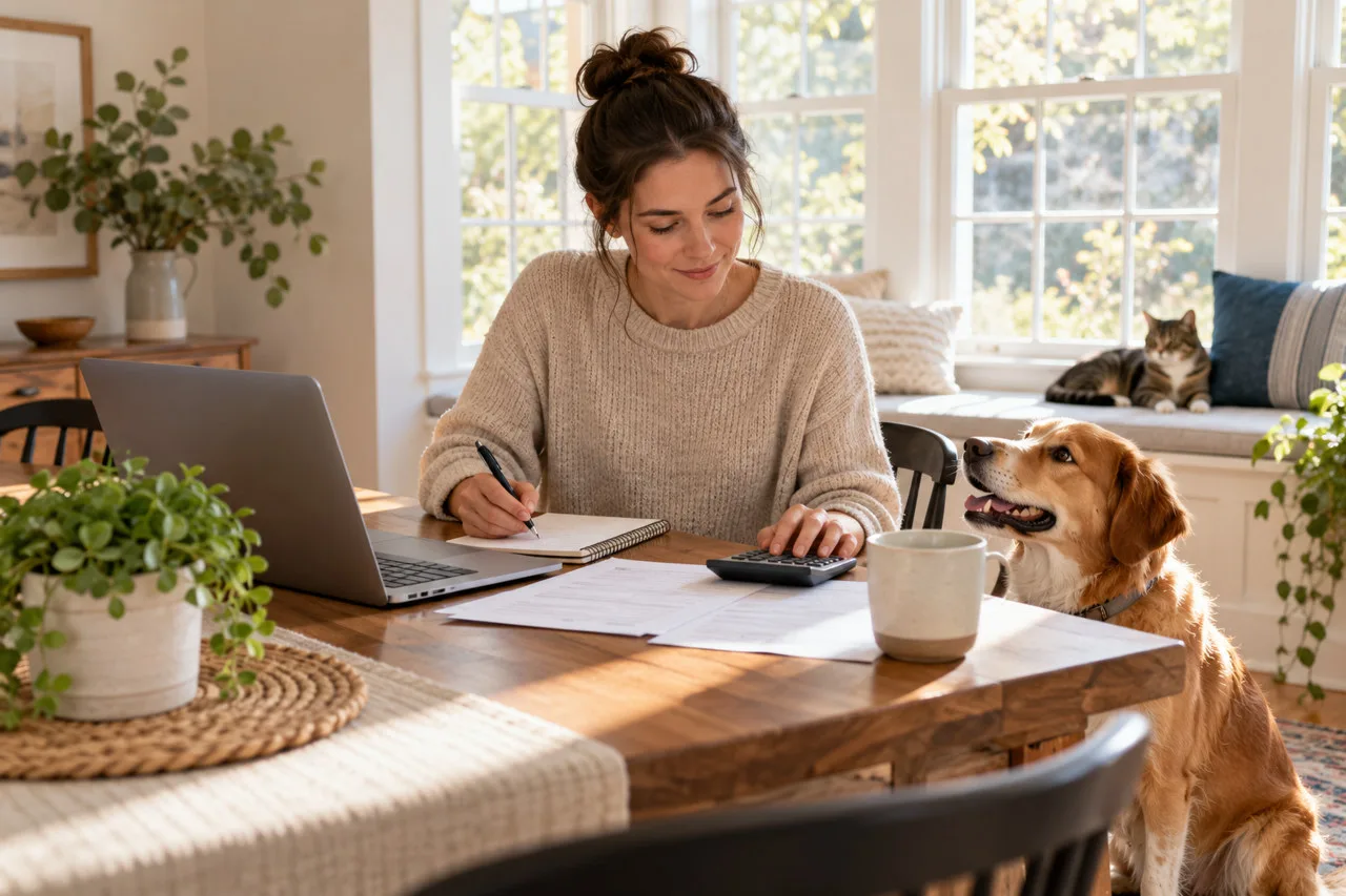 Owner reviewing documents with a dog and cat nearby