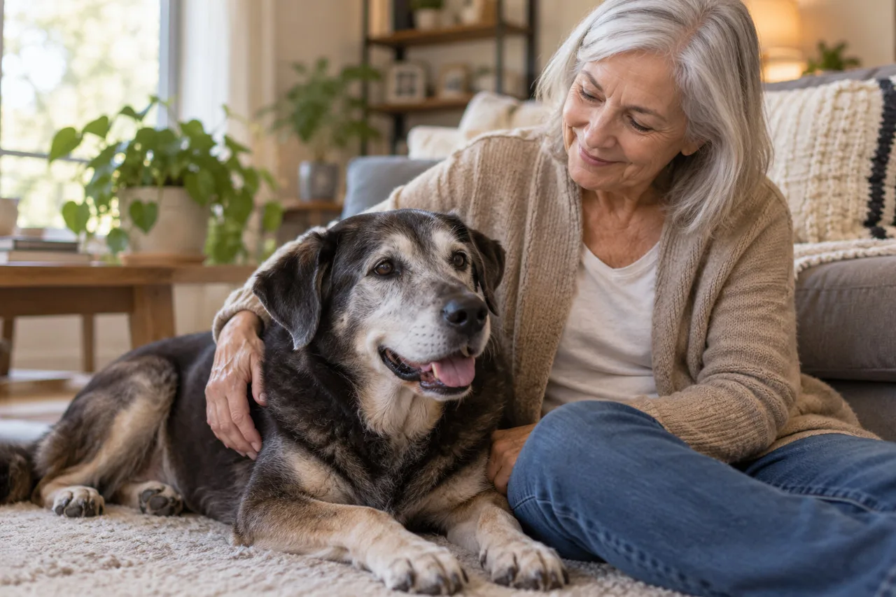 Owner sitting at home beside a dog